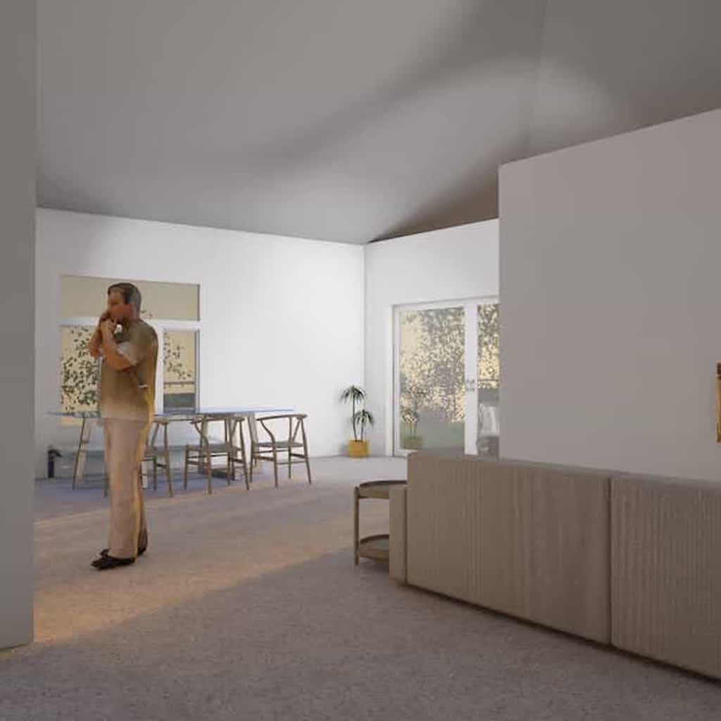 3D render of house interior, a man stands in the middle of the room