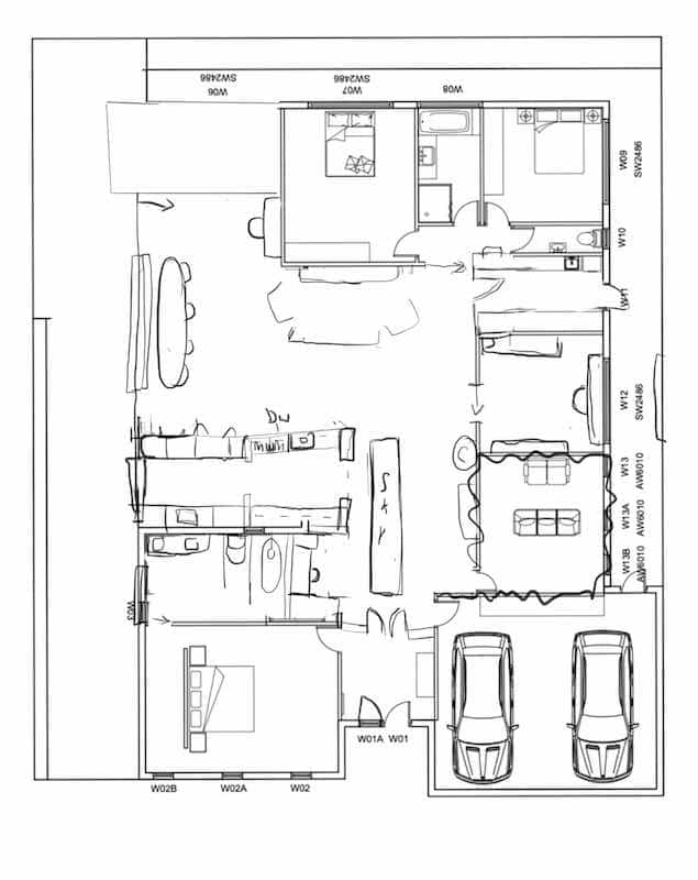 Rough floorplan of a house, two car garage in bottom right, hand drawn