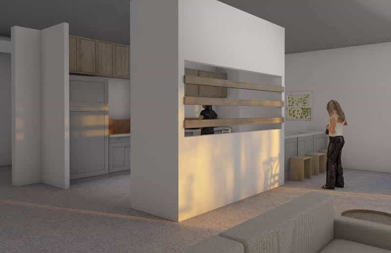 3D render of house interior, two people within