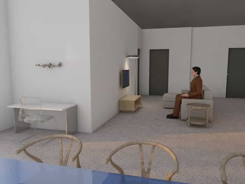 Yet another 3D render of house interior, a man watches TV