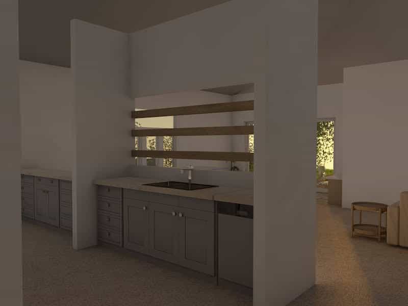 Another 3D render of house interior, kitchen at sunset