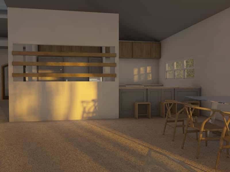 Another 3D render of house interior, sunset