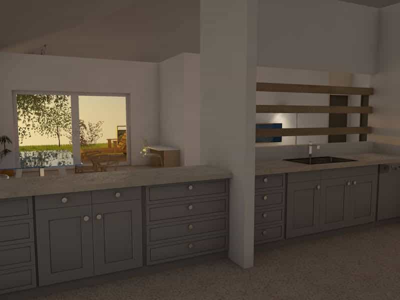 Render of a modern kitchen, grey drawers and white kitchentop, at sunset